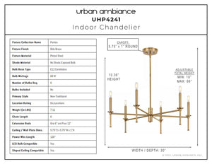 A diagram showing the dimensions of a gorgeous Urban Ambiance UHP4241 Contemporary Chandelier 10.375''H x 30''W, Olde Brass Finish, Parkes Collection.
