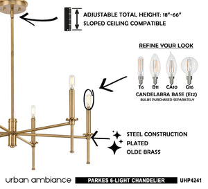 A luxury lighting fixture chandelier with a brass finish, by Urban Ambiance.