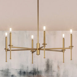 A stunning Urban Ambiance UHP4241 Chandelier 10.375''H x 30''W, Olde Brass Finish, Parkes Collection boasting a beautiful lighting fixture with six lights hanging