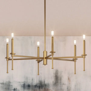 A stunning Urban Ambiance UHP4241 Chandelier 10.375''H x 30''W, Olde Brass Finish, Parkes Collection boasting a beautiful lighting fixture with six lights hanging