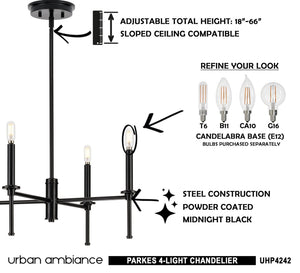 An Urban Ambiance UHP4242 Contemporary Chandelier, a unique and gorgeous lighting fixture from the Parkes Collection, with four lights and instructions.