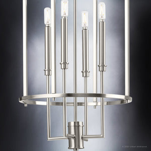 A gorgeous UHP4244 Contemporary Chandelier from the Parkes Collection, featuring a brushed nickel finish and metal frame.