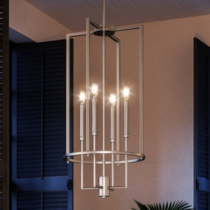 A unique UHP4244 Contemporary Chandelier 31.375''H x 15''W, Brushed Nickel Finish from the Parkes Collection by Urban Ambiance hanging in a room with shut