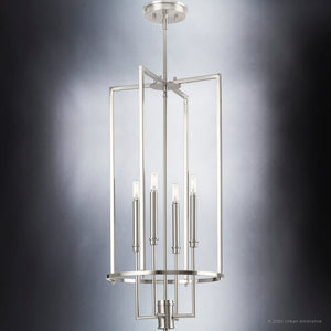 A beautiful Urban Ambiance UHP4244 Contemporary Chandelier 31.375''H x 15''W, Brushed Nickel Finish, Parkes Collection with four lights in a square