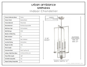 A diagram showing the dimensions of a gorgeous Urban Ambiance UHP4244 Contemporary Chandelier.
