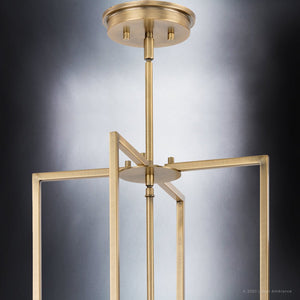 An Urban Ambiance UHP4245 Contemporary Chandelier 31.375''H x 15''W, Olde Brass Finish, Parkes Collection pendant light with a square frame featuring a luxury
