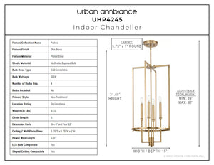 A beautiful diagram displaying the dimensions of an Urban Ambiance UHP4245 Contemporary Chandelier 31.375''H x 15''W, Olde Brass Finish, Parkes Collection