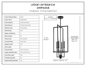 A beautiful diagram showing the dimensions of a unique Urban Ambiance UHP4246 Contemporary Chandelier, Midnight Black Finish.