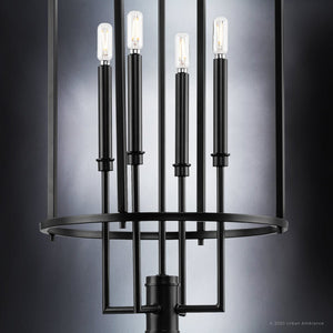 Four luxury contemporary chandeliers in a black metal cage.
