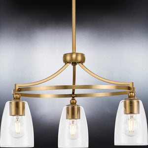 Three luxury lighting fixtures, UHP4250 Tranditional Chandeliers, with a Brushed Bronze Finish and clear glass shades.