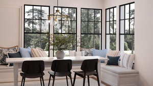 A dining room with a gorgeous UHP4250 Tranditional Chandelier 12.25''H x 21''W, Brushed Bronze Finish, Coronado Collection by Urban Ambiance table