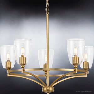 A UHP4251 Stunning Chandelier 12.5''H x 25.25''W, Brushed Bronze Finish, Coronado Collection in brass with clear glass shades, by Urban Amb