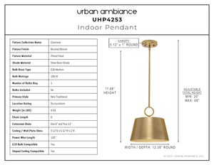 A diagram showing the dimensions of a unique Urban Ambiance UHP4253 New Traditional Pendant lighting fixture.