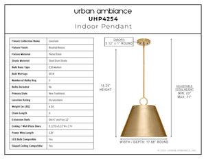 A diagram showcasing the dimensions of a beautiful and unique Urban Ambiance UHP4254 New Traditional Pendant 15.25''H x 17.875''W, Brushed Bronze Finish, Coron