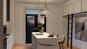 A 3d rendering of a kitchen with a unique lighting fixture, UHP4255 Tranditional Pendant 16.75''H x 11.5''W, Brushed Bronze Finish