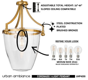 A unique lighting fixture, the UHP4255 Traditional Pendant 16.75''H x 11.5''W by Urban Ambiance from their Coronado Collection in Brushed Bronze