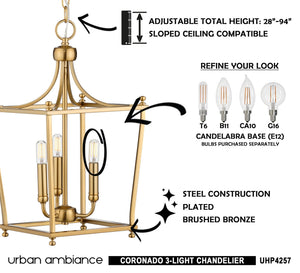 An image of a unique and beautiful UHP4257 Tranditional Chandelier 19.75''H x 10.875''W, Brushed Bronze Finish, Coronado Collection by Urban