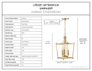 A diagram showing the dimensions of a unique and luxury Urban Ambiance UHP4257 Tranditional Chandelier.