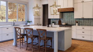 A beautiful kitchen with a UHP4258 Traditional Chandelier 24.375''H x 14.375''W, Brushed Bronze Finish, Coronado Collection by Urban Ambiance