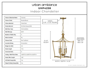 A unique luxury lamp, the Urban Ambiance UHP4258 Traditional Chandelier showcases its dimensions with a diagram.