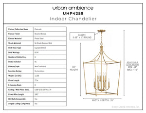 A unique lighting fixture diagram for the Urban Ambiance UHP4259 Traditional Chandelier, showcasing dimensions of 36''H x 20''W in a Brushed Bronze finish from the
