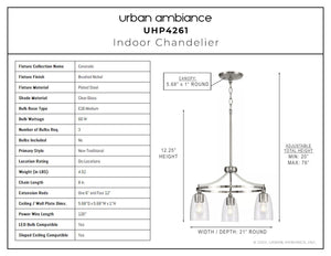 A diagram showcasing the dimensions of the gorgeous Urban Ambiance UHP4261 Tranditional Chandelier, a unique lighting fixture with a Brushed Nickel Finish from their Coronado Collection.