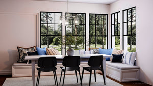 3d rendering of a dining room with large windows featuring the Urban Ambiance UHP4261 Traditional Chandelier with a beautiful brushed nickel finish from the Coronado Collection.