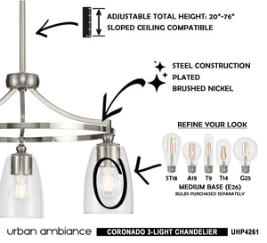 A diagram showing how to change the light bulbs in a luxury Urban Ambiance UHP4261 Traditional Chandelier with a brushed nickel finish from the Coronado Collection.