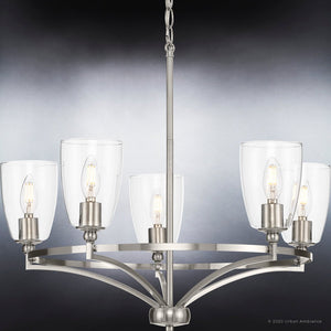 A unique lighting fixture, the UHP4262 Traditional Chandelier features a brushed nickel finish and clear glass shades from the Coronado Collection by Urban Ambiance.
