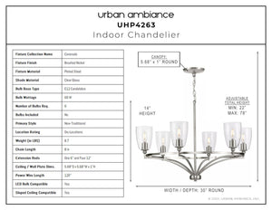 A beautiful diagram showcasing the dimensions of a luxury Urban Ambiance UHP4263 Traditional Chandelier 14''H x 30''W with a brushed nickel finish from the Coronado Collection.