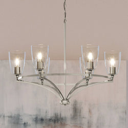 A Unique UHP4263 Tranditional Chandelier with a Gorgeous Brushed Nickel Finish, Coronado Collection by Urban Ambiance with five glass shades.