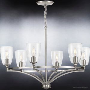 A beautiful UHP4263 Traditional Chandelier 14''H x 30''W, Brushed Nickel Finish, Coronado Collection by Urban Ambiance, with frosted glass shades.