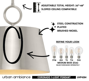A diagram showing how to install the beautiful UHP4264 New Traditional Pendant 11.875''H x 12.375''W, Brushed Nickel Finish, Coronado Collection pendant light by
