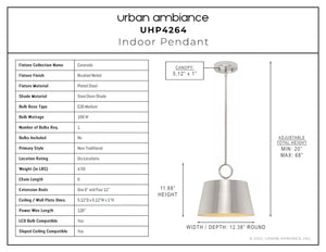A beautiful diagram showing the dimensions of an Urban Ambiance UHP4264 New Traditional Pendant 11.875''H x 12.375''W, Brushed Nickel Finish, Coronado Collection
