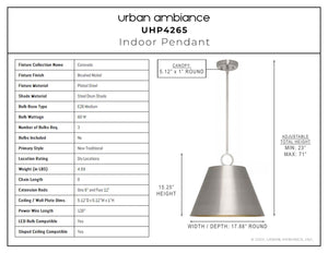 A diagram showing the dimensions of a unique and luxury UHP4265 New Traditional Pendant 15.25''H x 17.875''W, Brushed Nickel Finish, Coronado