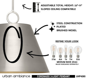 A diagram showing how to make the gorgeous UHP4265 New Traditional Pendant 15.25''H x 17.875''W, Brushed Nickel Finish, Coronado Collection pendant light by