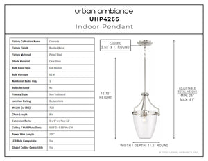 A beautiful diagram showcasing the dimensions of a luxury UHP4266 Traditional Pendant 16.75''H x 11.5''W lighting fixture with a Brushed Nickel Finish from the