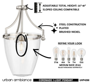 A stunning UHP4266 Tranditional Pendant from the Coronado Collection, with a brushed nickel finish, handmade by Urban Ambiance.