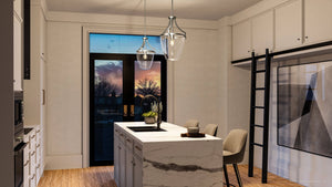 A stunning lighting fixture, the UHP4266 Tranditional Pendant from the Coronado Collection by Urban Ambiance, adds a touch of elegance to this kitchen with a large island.