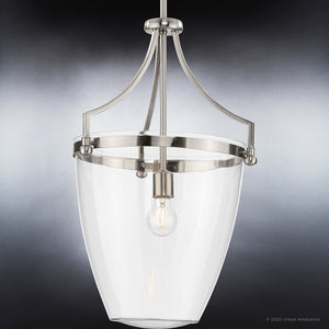 An Urban Ambiance UHP4267 Traditional Pendant 23.375''H x 15.25''W, Brushed Nickel Finish, Coronado Collection light fixture with a clear glass shade,