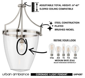 A diagram showing how to install the beautiful UHP4267 Tranditional Pendant 23.375''H x 15.25''W, Brushed Nickel Finish, Coronado Collection