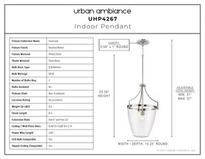 A diagram showing the dimensions of a luxury pendant light by Urban Ambiance.