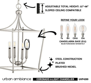 Urban Ambiance UHP4269 Traditional Chandelier 24.375''H x 14.375''W, Brushed Nickel Finish with Luxury Lighting Fixture