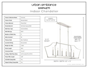 A unique lighting fixture diagram of an UHP4271 Traditional Chandelier 15.125''H x 42''W, Brushed Nickel Finish, Coronado Collection indoor chandelier by
