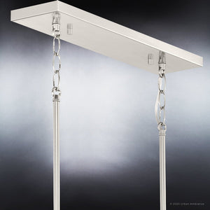 An UHP4271 Tranditional Chandelier 15.125''H x 42''W with two metal chains hanging from it, offering a unique and luxurious brushed nickel finish.
