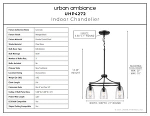 A diagram showcasing the dimensions of a luxurious Urban Ambiance UHP4272 Traditional Chandelier from the Coronado Collection in Midnight Black Finish, measuring 12.25''H x 21''W