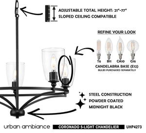 A luxury lighting fixture featuring a UHP4273 Tranditional Chandelier 12.5''H x 25.25''W, Midnight Black Finish, Coronado Collection by Urban