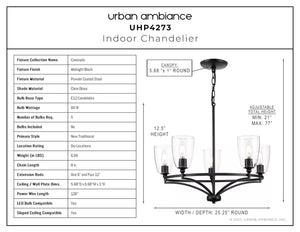 A beautiful diagram displaying the dimensions of a luxury Urban Ambiance UHP4273 Traditional Chandelier 12.5''H x 25.25''W, Midnight Black Finish, Coronado Collection