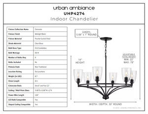 A unique diagram showcasing the dimensions of an Urban Ambiance UHP4274 Traditional Chandelier 14''H x 30''W, Midnight Black Finish, Coronado Collection lighting fixture.