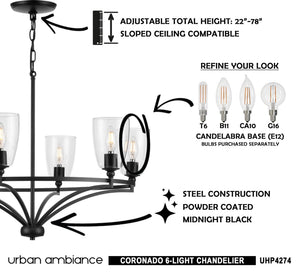 A Unique Urban Ambiance UHP4274 Traditional Chandelier 14''H x 30''W, Midnight Black Finish, Coronado Collection with four lights and instructions.